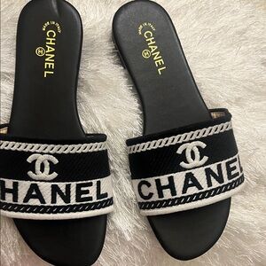 Chanel Black and White Logo Slide Sandals